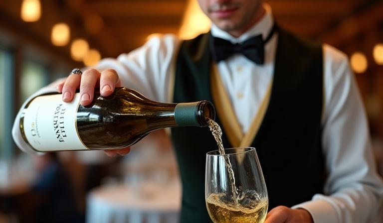 Cameriere in divisa formale che serve vino durante un evento di gala